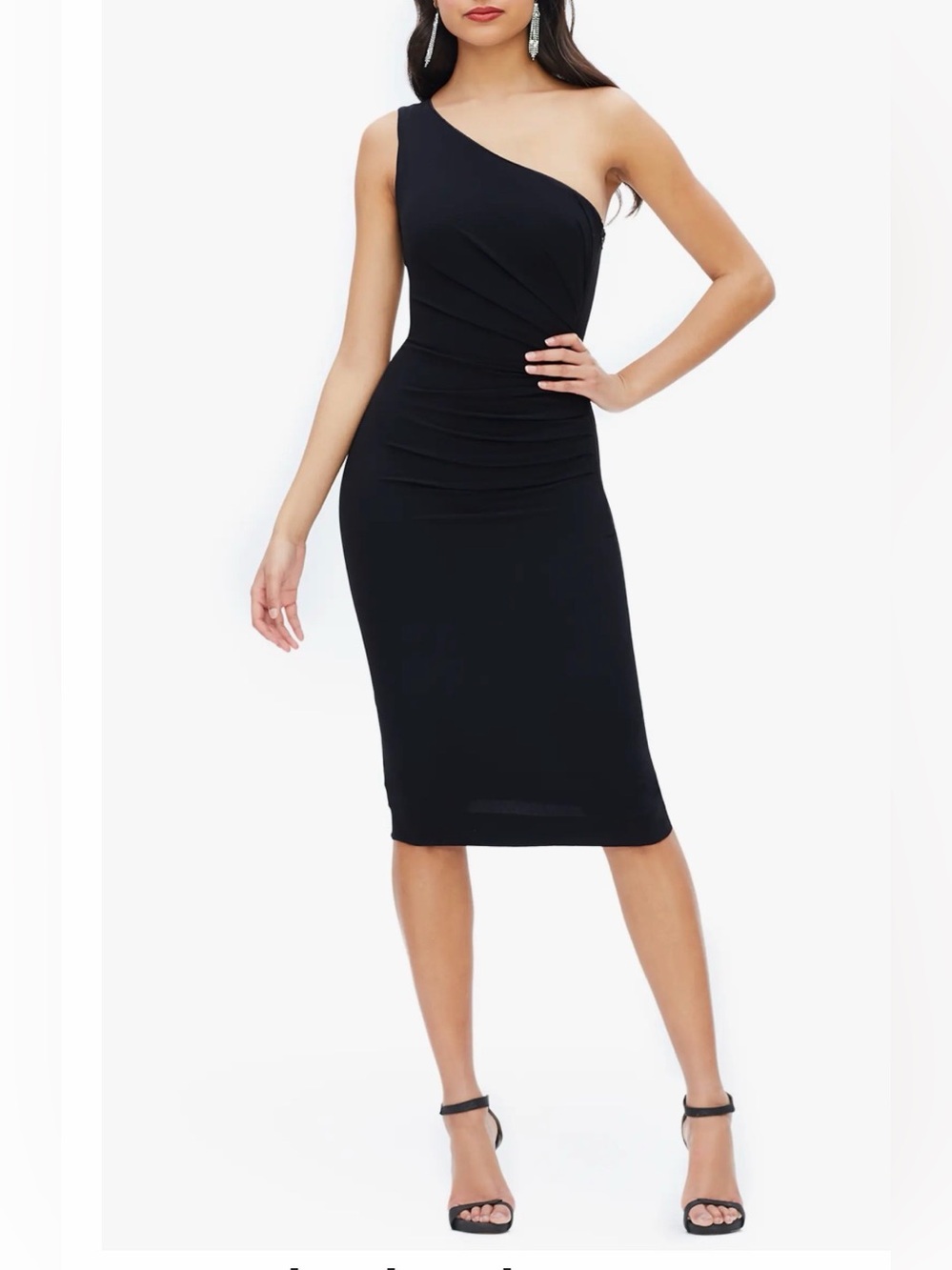 NWT Dress the Population Martine One Shoulder Midi Dress Black Small Ruched S